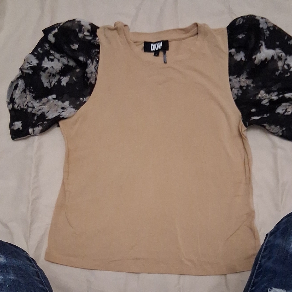 DKNY Beige and Black Floral Sleeve Blouse